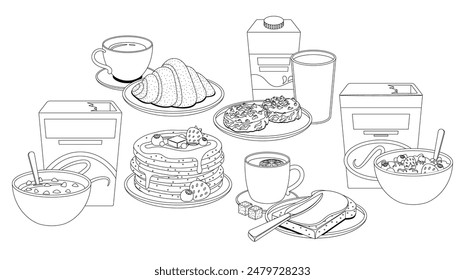 Desayuno Saludable Con Productos Como Panqueques, Cereales, Frutas, Croissants Y Bebidas. Ilustración en blanco y negro