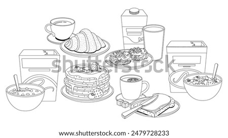 Healthy Breakfast Featuring Items Like Pancakes, Cereal, Fruit, Croissants, And Beverages. Black-and-white Illustration