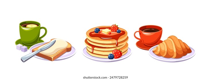 Healthy Breakfast Featuring Toast With Butter, Stack Of Pancakes With Syrup And Berries, Croissants, And Cups Of Coffee