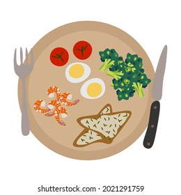 Healthy breakfast flat icons. Breakfast composition sandwich and omelette, breakfast food bakery illustration.