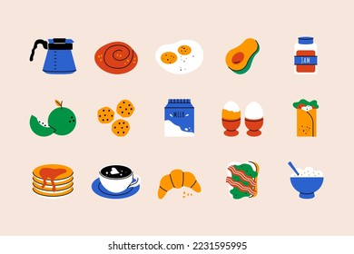 Healthy breakfast food. Cartoon egg sandwich avocado croissant coffee cup, fresh meal flat icons. Vector isolated set