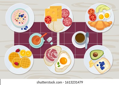 Healthy breakfast. Food daily menu cheese biscuits milk juice eggs butter meal vector cartoon products collection