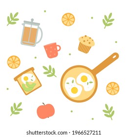 Healthy breakfast. Food and drinks. Cartoon style. Flat design. All elements are isolated.