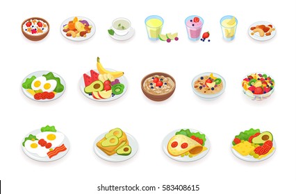 Healthy breakfast food icons collection. Muesli, cereal, fruits and berries, nuts, eggs, omelet, avocado, smoothie, drinks, sandwich. vector illustration set.