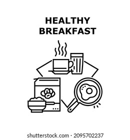 Healthy breakfast food. Morning meal. Cereal plate. Family menu top vector concept black illustration