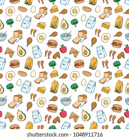 healthy breakfast food seamless pattern with colored doodle style on white background