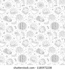 Healthy breakfast food seamless pattern in black and white colors. Colored page for adults. Vector line illustration