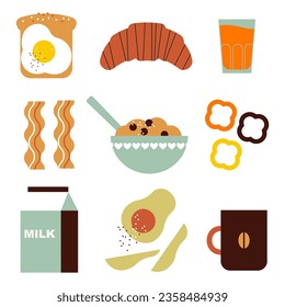 Desayuno saludable. Buenos días. La comida y las bebidas variadas y sabrosas. Huevo, café, croissant, jugo, leche, cuenco, cereales, verduras, aguacate, sándwich, tocino. Ilustración vectorial plana. Elementos aislados