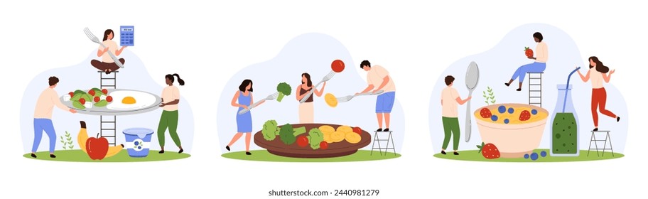 Healthy breakfast food set. Tiny people count calories of morning plate with calculator, characters holding forks and spoons to eat broccoli and fried egg, berry porridge cartoon vector illustration