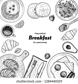 Healthy breakfast  frame. Breakfast table with pancakes, fried eggs, granola and fresh berries. Hand drawn illustration. Vintage style