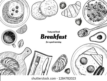 Healthy breakfast  frame. Breakfast table with pancakes, fried eggs, granola and fresh berries. Hand drawn illustration. Vintage style