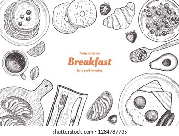 Healthy breakfast  frame. Breakfast table with pancakes, fried eggs, granola and fresh berries. Hand drawn illustration. Vintage style