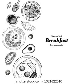 Healthy breakfast  frame. Breakfast table with pancakes, fried eggs, granola and fresh berries. Hand drawn illustration. Vintage style