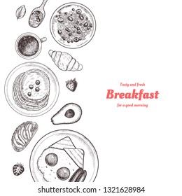 Healthy breakfast  frame. Breakfast table with pancakes, fried eggs, granola and fresh berries. Hand drawn illustration. Vintage style