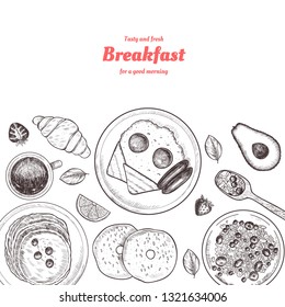 Healthy breakfast  frame. Breakfast table with pancakes, fried eggs, granola and fresh berries. Hand drawn illustration. Vintage style