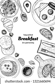 Healthy breakfast  frame. Breakfast table with pancakes, fried eggs, granola and fresh berries. Hand drawn illustration. Vintage style