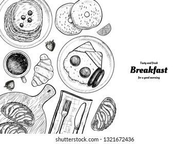 Healthy breakfast  frame. Breakfast table with pancakes, fried eggs, granola and fresh berries. Hand drawn illustration. Vintage style