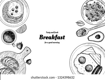 Healthy breakfast  frame. Breakfast table with pancakes, fried eggs, granola and fresh berries. Hand drawn illustration. Vintage style