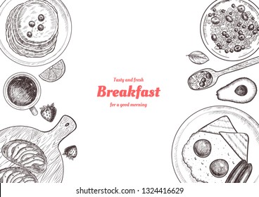 Healthy breakfast  frame. Breakfast table with pancakes, fried eggs, granola and fresh berries. Hand drawn illustration. Vintage style