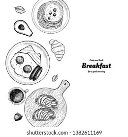 Healthy breakfast  frame. Breakfast table with pancakes, fried eggs, granola and fresh berries. Hand drawn illustration. Vintage style