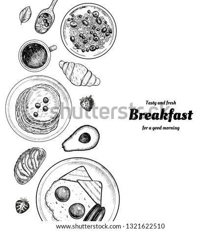 Healthy breakfast  frame. Breakfast table with pancakes, fried eggs, granola and fresh berries. Hand drawn illustration. Vintage style