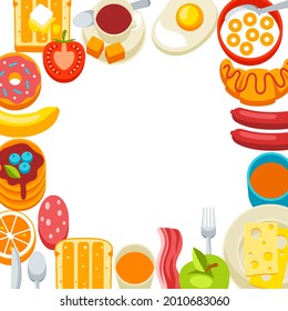 Healthy breakfast frame. Various food and drinks. Illustration for cafes, restaurants and hotels.