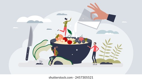 Healthy breakfast as fresh food for morning meal tiny person hands concept. Oatmeal or musli with berries, fruits or avocado vector illustration. Complete vitamins nutrition and nourishment menu.