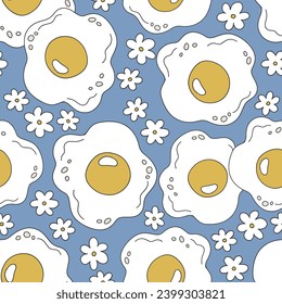 Healthy breakfast fried eggs cute meal and daisy vector seamless pattern. Groovy hippie floral food background.