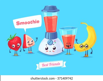 Healthy Breakfast. Funny characters banana berry and a glass of smoothie. Funny food. Vector cartoon illustration. Cute stylish characters. Vector stock illustration.