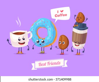 Healthy Breakfast. Funny characters beans donut tea and cup of coffee. Funny food. Vector cartoon illustration. Cute stylish characters. Vector stock illustration.