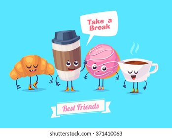 Healthy Breakfast. Funny characters croissant donut tea and cup of coffee. Funny food. Vector cartoon illustration. Cute stylish characters. Vector stock illustration.