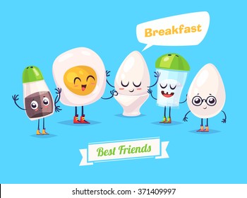 Healthy Breakfast. Funny characters egg salt pepper and omelette. Funny food. Vector cartoon illustration. Cute stylish characters. Vector stock illustration.
