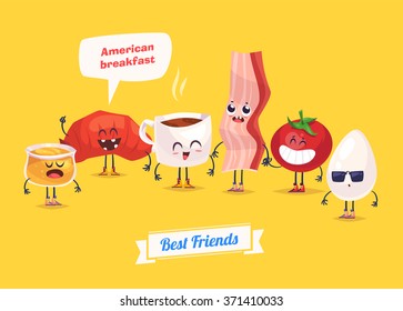 Healthy Breakfast. Funny characters  egg bacon bread tomato honey and coffee. Funny food. Vector cartoon illustration. Cute stylish characters. Vector stock illustration.