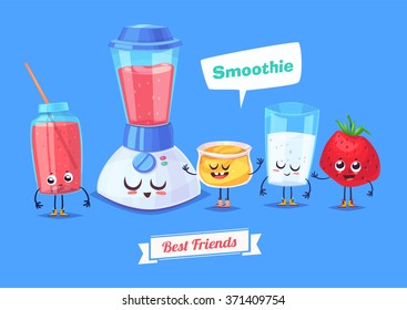 Healthy Breakfast. Funny characters honey milk strawberry and a glass of smoothie. Funny food. Vector cartoon illustration. Cute stylish characters. Vector stock illustration.