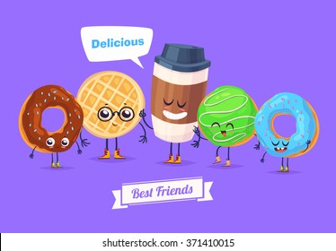 Healthy Breakfast. Funny characters set of clored donuts and cup of coffee. Funny food. Vector cartoon illustration. Cute stylish characters. Vector stock illustration.