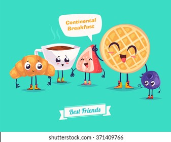 Healthy Breakfast. Funny characters waffles berries croissant and coffee. Funny food. Vector cartoon illustration. Cute stylish characters. Vector stock illustration.