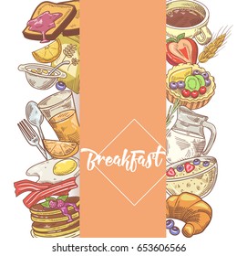 Healthy Breakfast Hand Drawn Design with Bakery, Cornflakes and Juice. Eco Food. Vector illustration