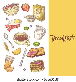 Healthy Breakfast Hand Drawn Design with Pancakes, Coffee and Cornflakes. Eco Food. Vector illustration