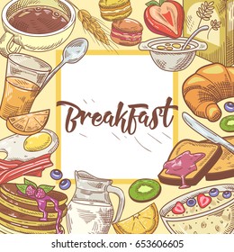 Healthy Breakfast Hand Drawn Design with Toasts, Fruits and Juice. Eco Food. Vector illustration
