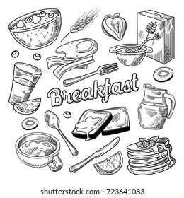 Healthy Breakfast Hand Drawn Doodle. Food and Drink Sketch. Cornflakes Pancakes Juice and Fruits. Vector illustration