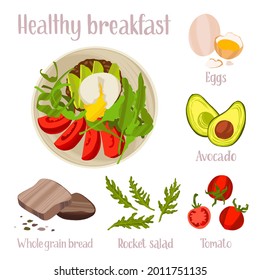 Healthy breakfast hand drawn recipe. Delicious ready dish with ingredients in flat style with dry brush texture. Vector colorful illustration and handwritten lettering for web article, book, flyer.
