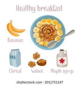 Healthy breakfast hand drawn recipe. Delicious ready dish with ingredients in flat style with dry brush texture. Vector colorful illustration and handwritten lettering for web article, book, flyer.