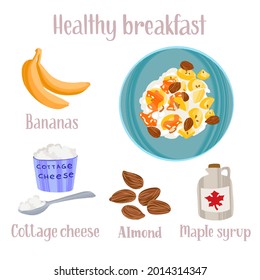 Healthy breakfast hand drawn recipe. Delicious ready dish with ingredients in flat style with dry brush texture. Vector colorful illustration and handwritten lettering for web article, book, flyer.