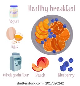 Healthy breakfast hand drawn recipe. Delicious ready dish with ingredients in flat style with dry brush texture. Vector colorful illustration and handwritten lettering for web article, book, flyer.