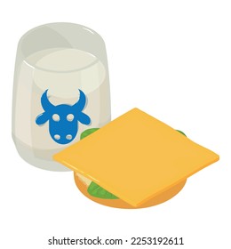Icono de desayuno saludable vector isométrico. Sándwich con queso y vaso de leche. Concepto alimentario, nutrición útil
