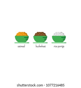 Healthy breakfast icon set.  Oatmeal, buckwheat and rice porridge. Cartoon illustration 