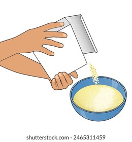 Healthy breakfast icon showing hands pouring cereal into a blue bowl from a white carton box