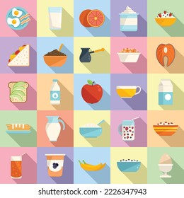 Healthy breakfast icons set flat vector. Protein food. Bread eating