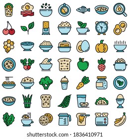 Healthy breakfast icons set. Outline set of healthy breakfast vector icons thin line color flat on white