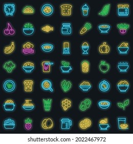 Healthy breakfast icons set. Outline set of healthy breakfast vector icons neon color on black